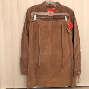 NWT ISAAC MIZRAHI GENUINE LEATHER SUEDE SIENNA CARAMEL SKIRT SET SZ 12/Large